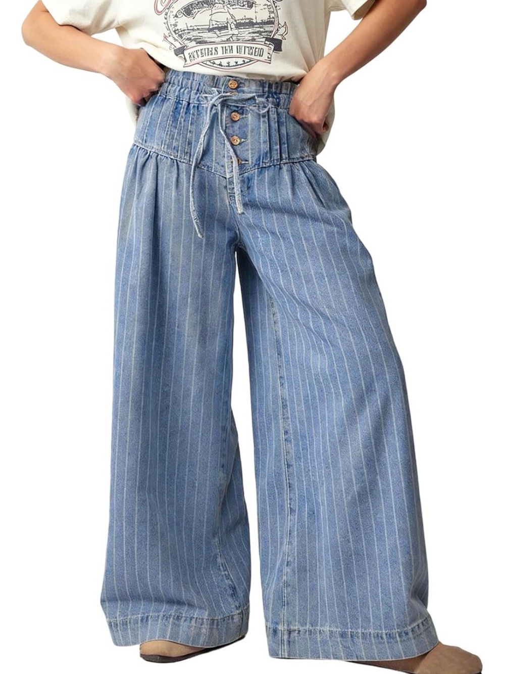 High-Waist Wide Leg Pinstripe Denim Pants - Light Blue - Picture 1 of 3